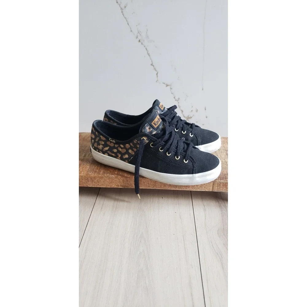 Keds Kickstart Sneakers Womens 7.5 Black Leopard‎ Print Low Top Lace Up Gold